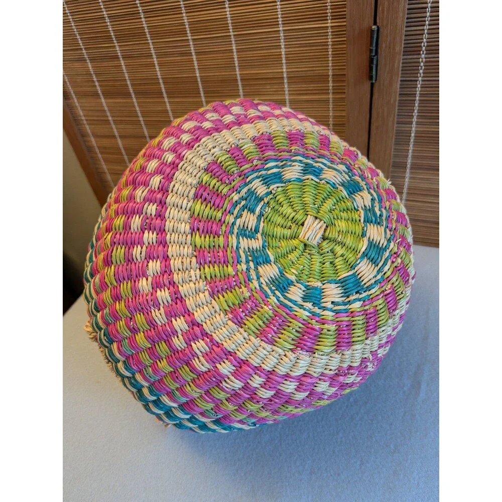 Authentic Ghanaian Bolga Basket Handwoven Small 10” Market Tote Leather Handle